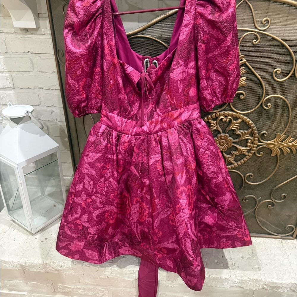 BHLDN Magenta Textured Puff-Sleeve Mini Dress